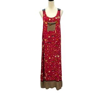 Vtg F. L. Malik Red Crepe Butterfly Dragonfly Novelty Print Maxi Jumper Dress